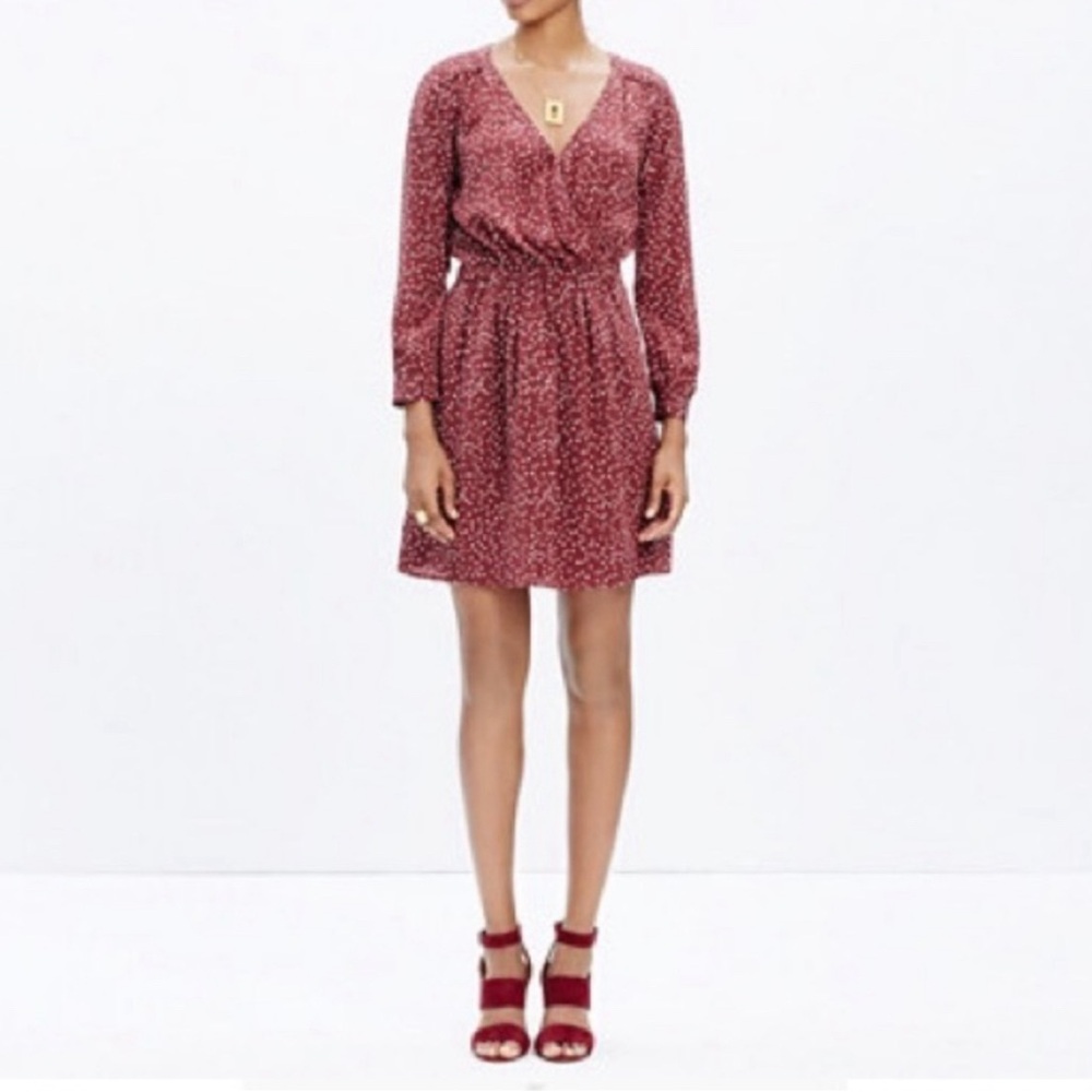 Madewell - women’s Kali 100% silk polka dots faux warp 3/4 sleeve mini dress 2